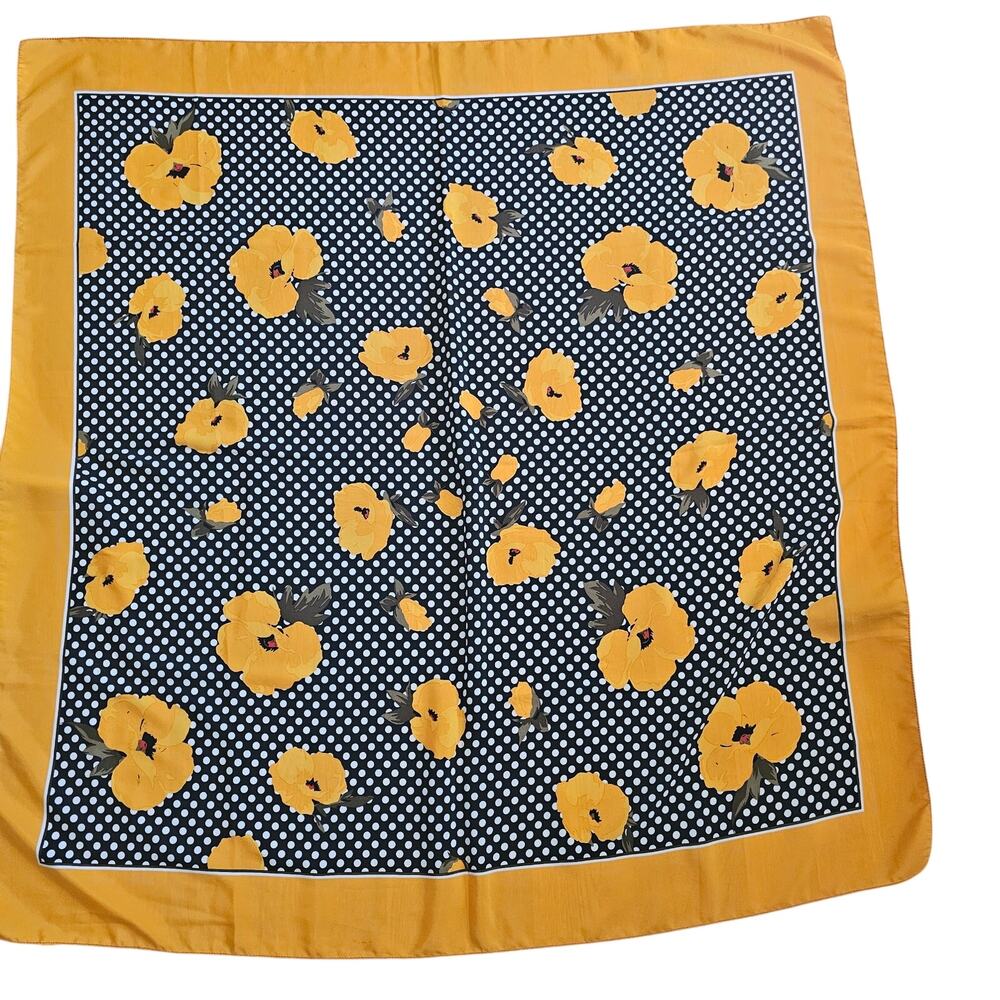 Poly Silk Neck Scarf with yellow poppy flowers on a navy polkadot background